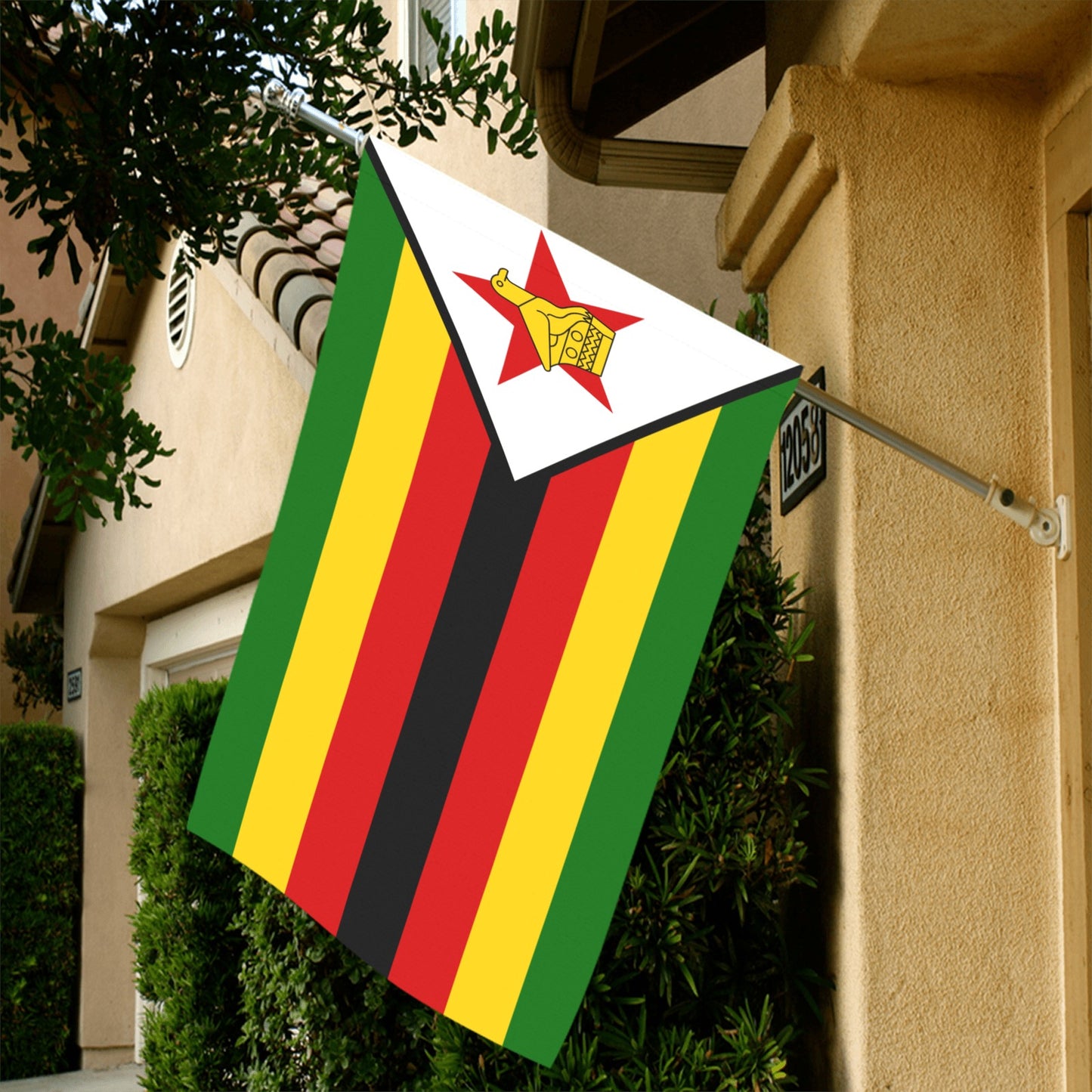 House displaying Zimbabwe flag from Luv My Flag brand.
