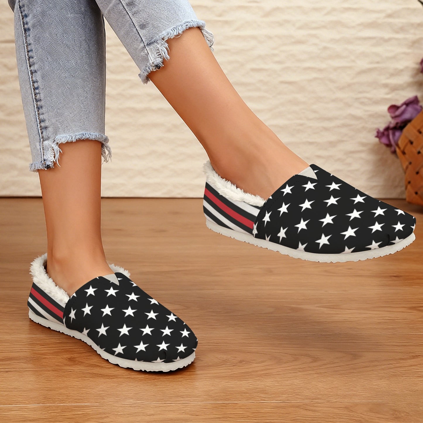 Thin Red Line Flag Inspired Women's Fleece-Lined Canvas Slip-On