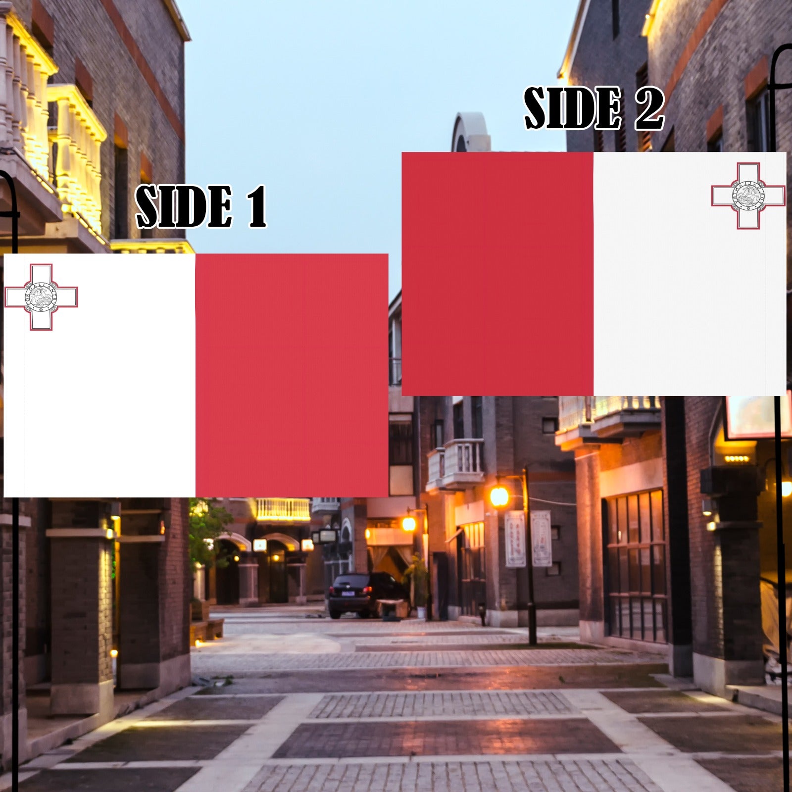 Luv My Flag's reversible flag displayed in charming street setting.