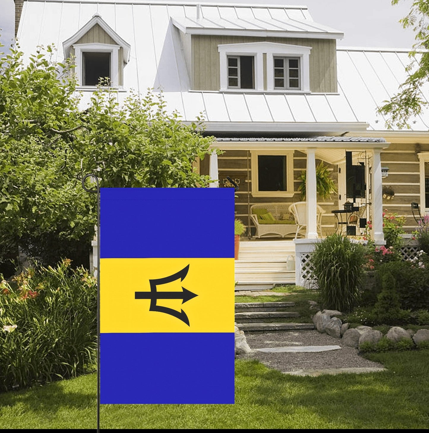 Front porch with Luv My Flag, featuring Barbados design.