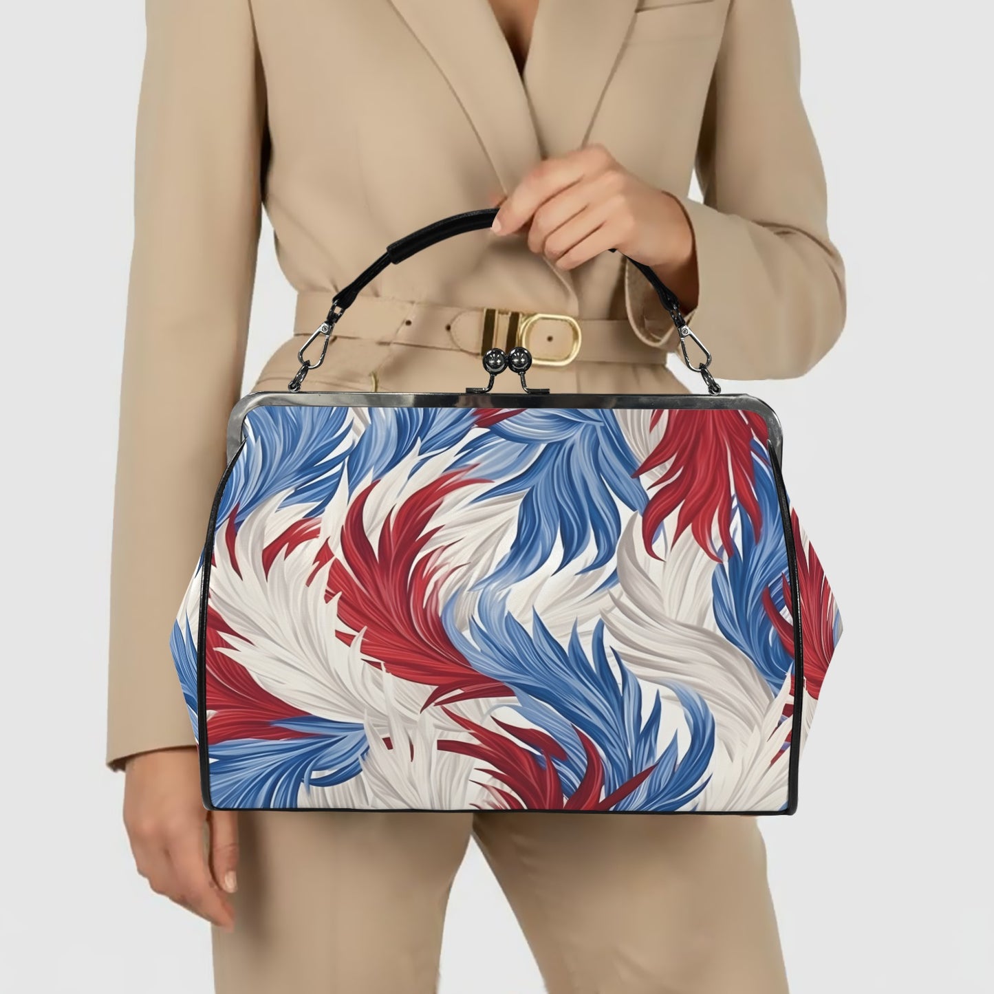 USA/American Flag Inspired Feather Pattern Kisslock Crossbody Shoulder Bag-Large