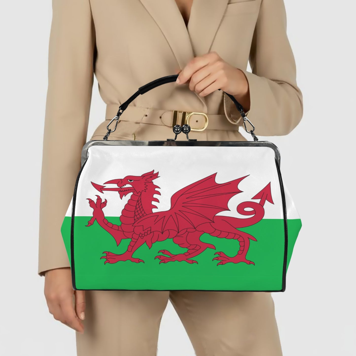 Wales Flag Inspired Kisslock Crossbody Shoulder Bag-Large