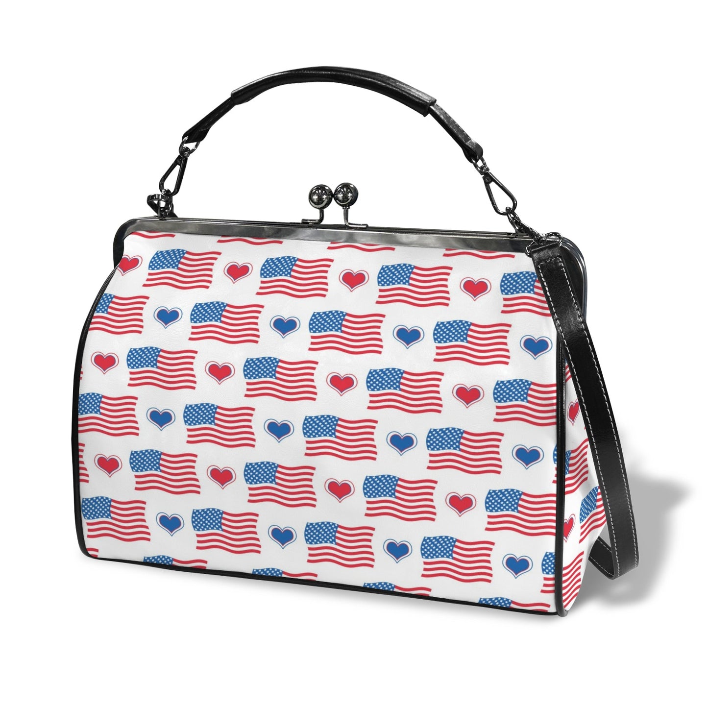 USA/American Flag Inspired Flag and Hearts Pattern Kisslock Crossbody Shoulder Bag-Large