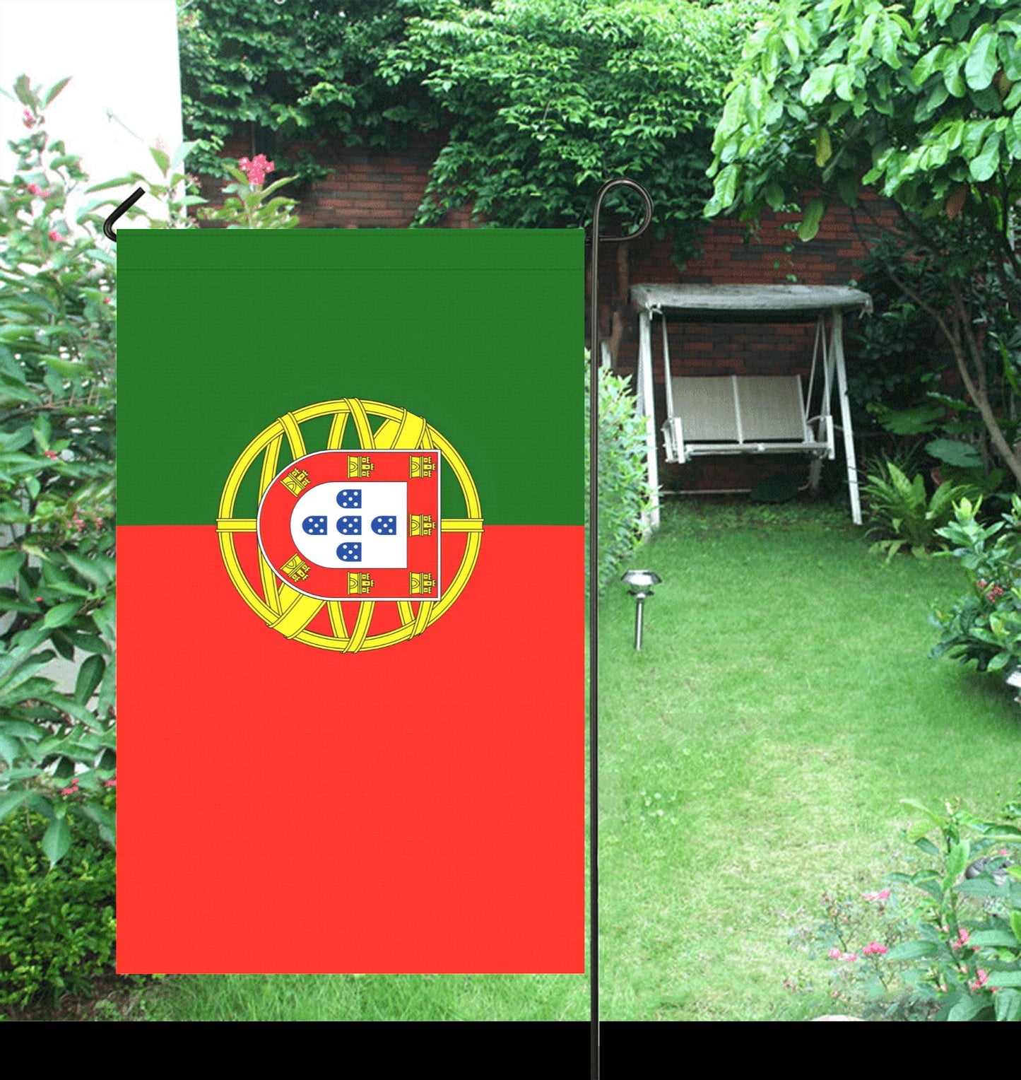 Garden with Luv My Flag, Portugal design, near swing seat.