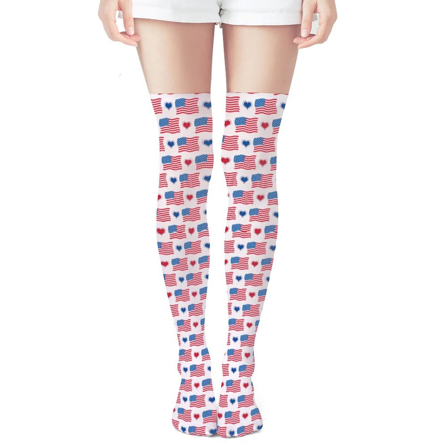 USA/American Flag Inspired Design With Hearts Trendy Stockings(Long)