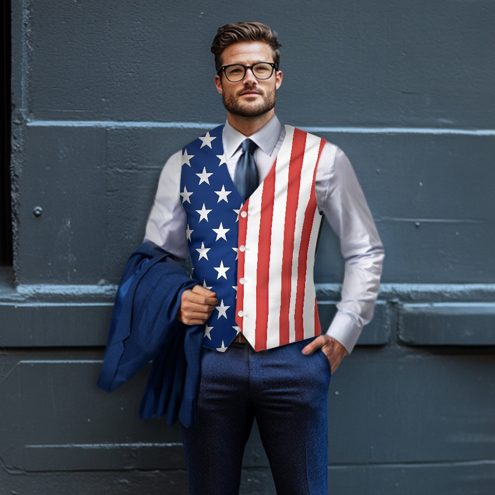 American Flag Inspired Suit Vest | Patriotic Stars & Vertical Stripes