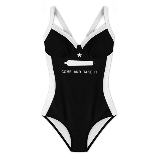 Come and Take It Flag Inspired Criss Cross Back One Piece Swimsuit