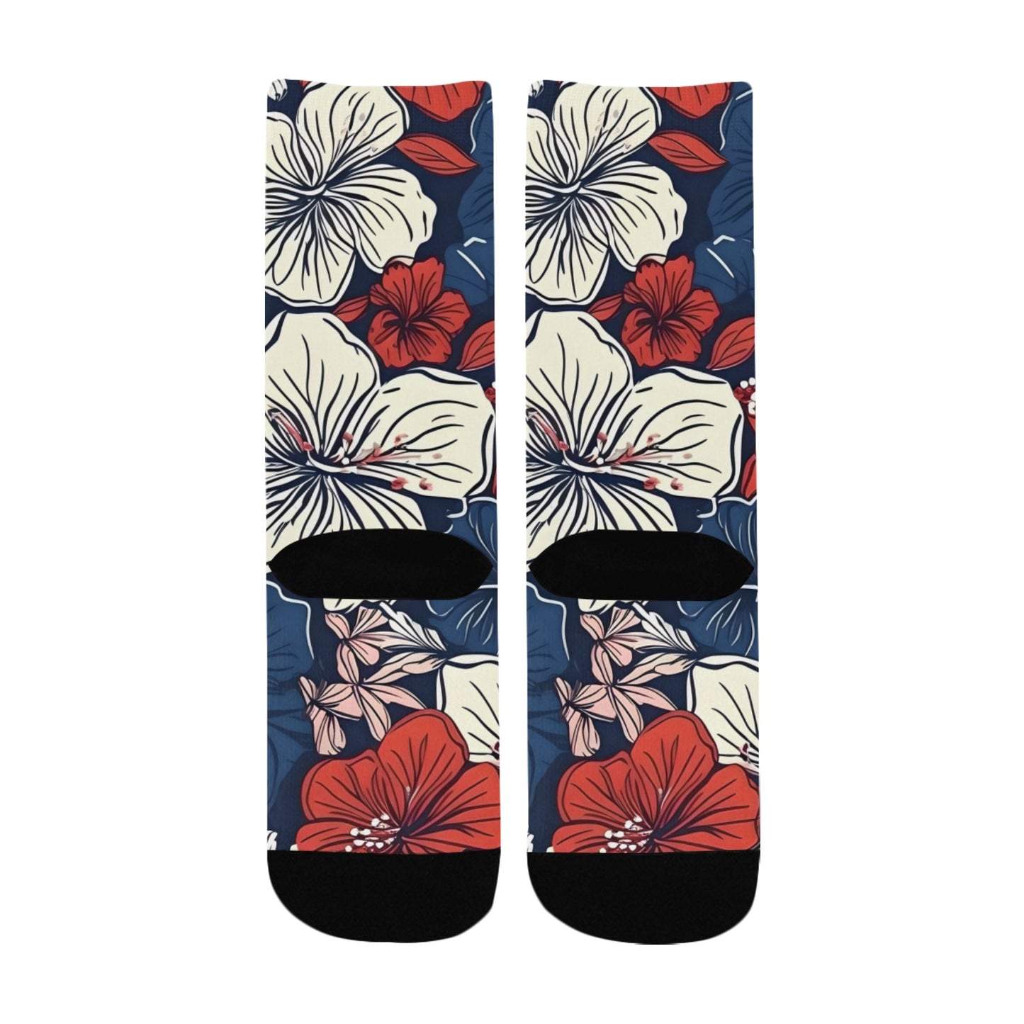 USA/American Flag Inspired Hawaiian Floral Pattern Kid's Custom Socks (Made in the USA)