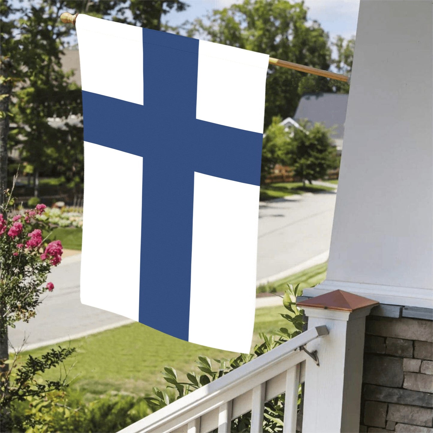 Luv My Flag Finland flag displayed on suburban porch.