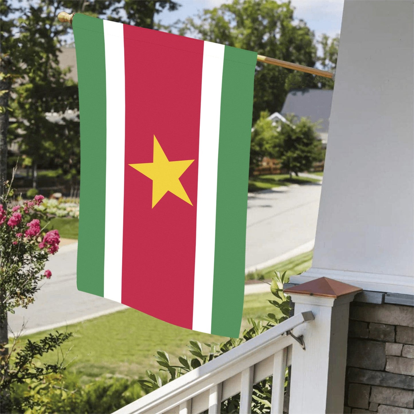 Hanging Suriname flag on porch, made by Luv My Flag.