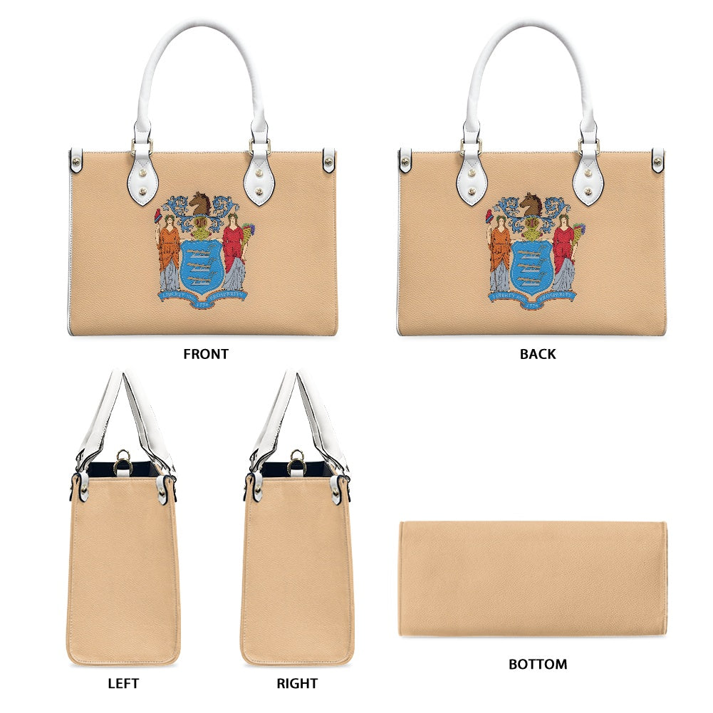 Beige handbag with New Jersey emblem, Luv My Flag.