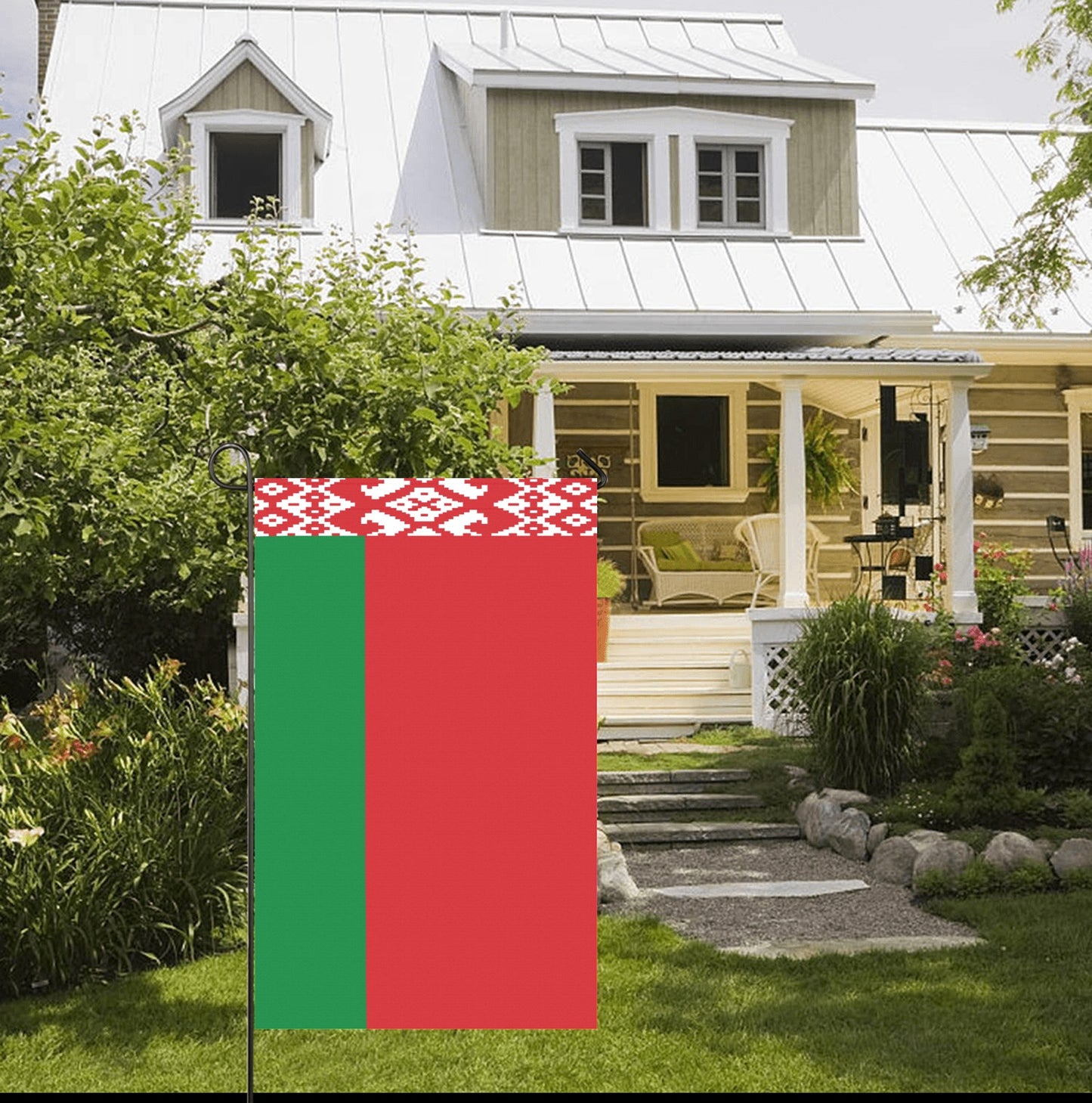 House with garden, Luv My Flag outdoors, vibrant flag display.