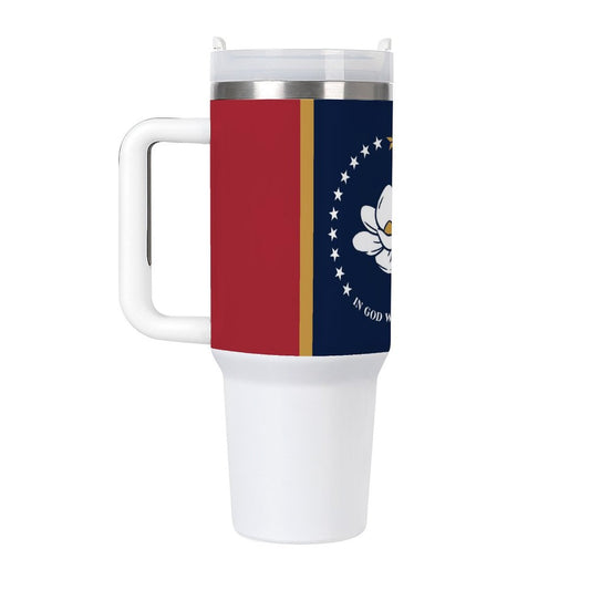 Mississippi flag travel mug with handle, white base.