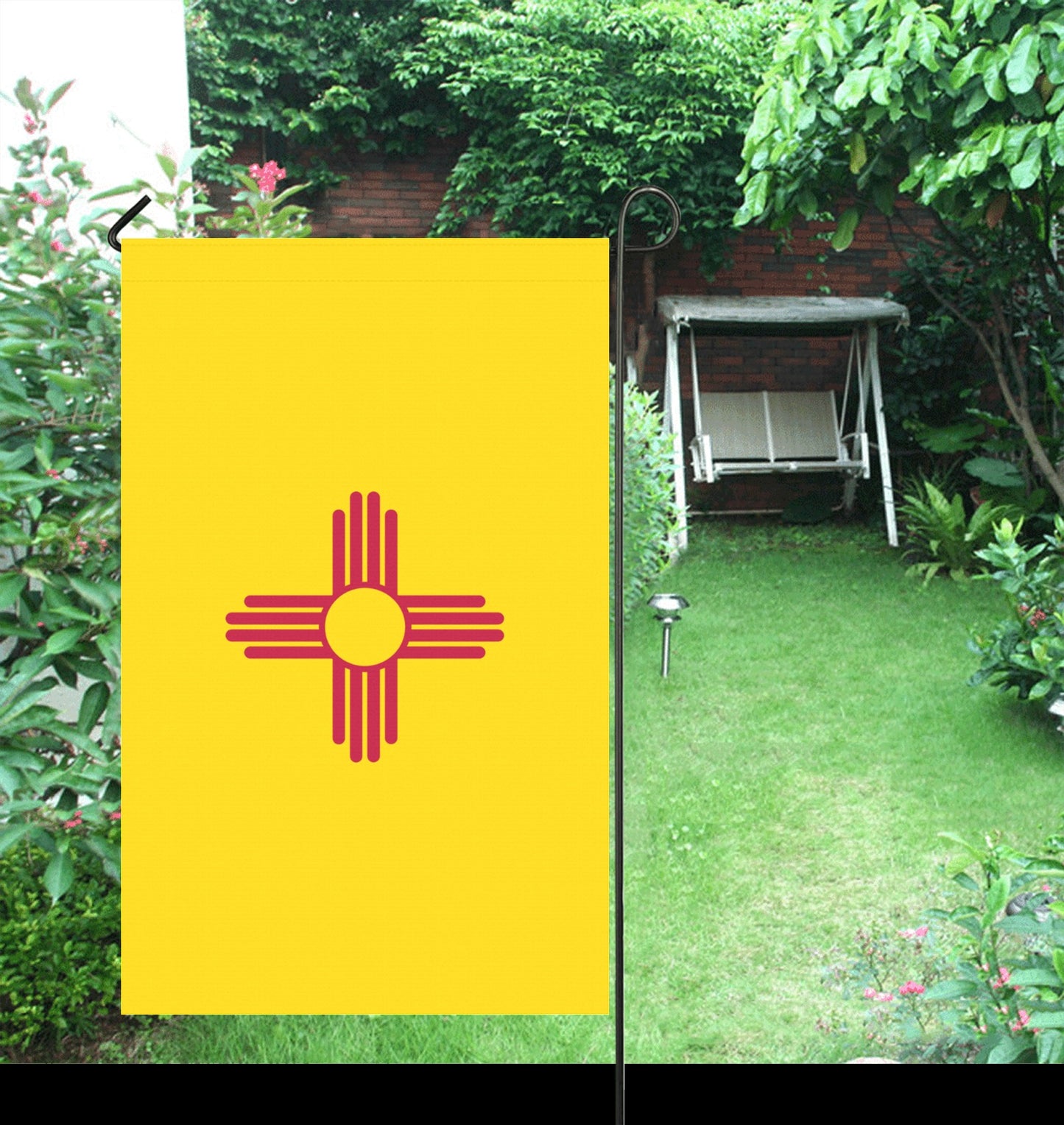 Yellow garden flag with red symbol, Luv My Flag.
