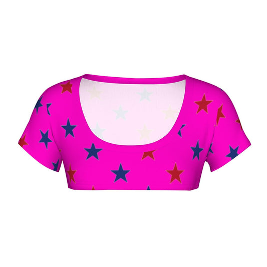 USA/American Flag Inspired Red & Blue Stars on Hot Pink Women's 1/2 Cut Short Sleeve T-Shirt
