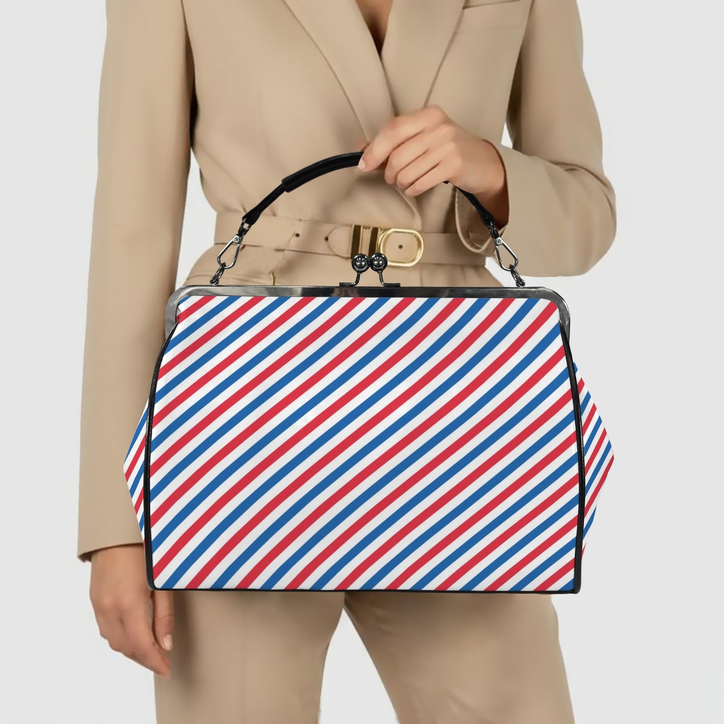 USA/American Flag Inspired Striped Pattern Kisslock Crossbody Shoulder Bag-Large