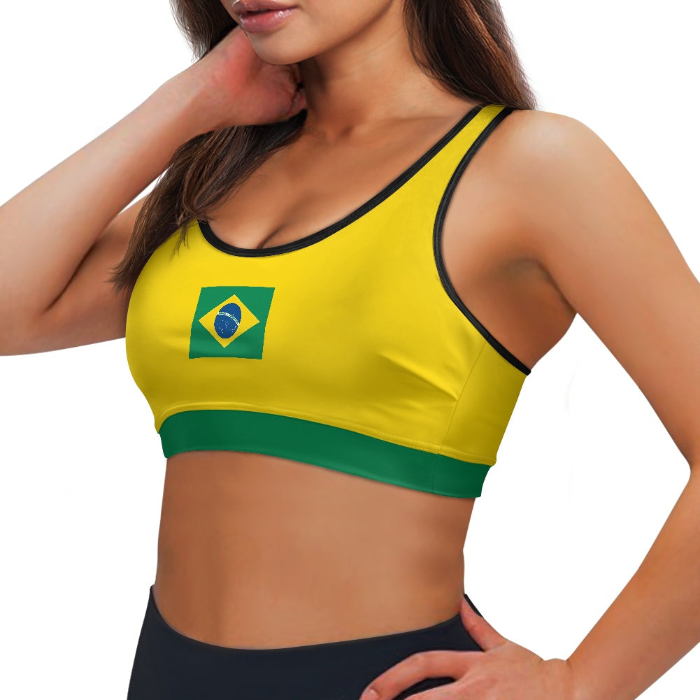 Brazil Flag Inspired Women’s Sports Bra with Back Pocket – Black or White Trim - Luv My Flag