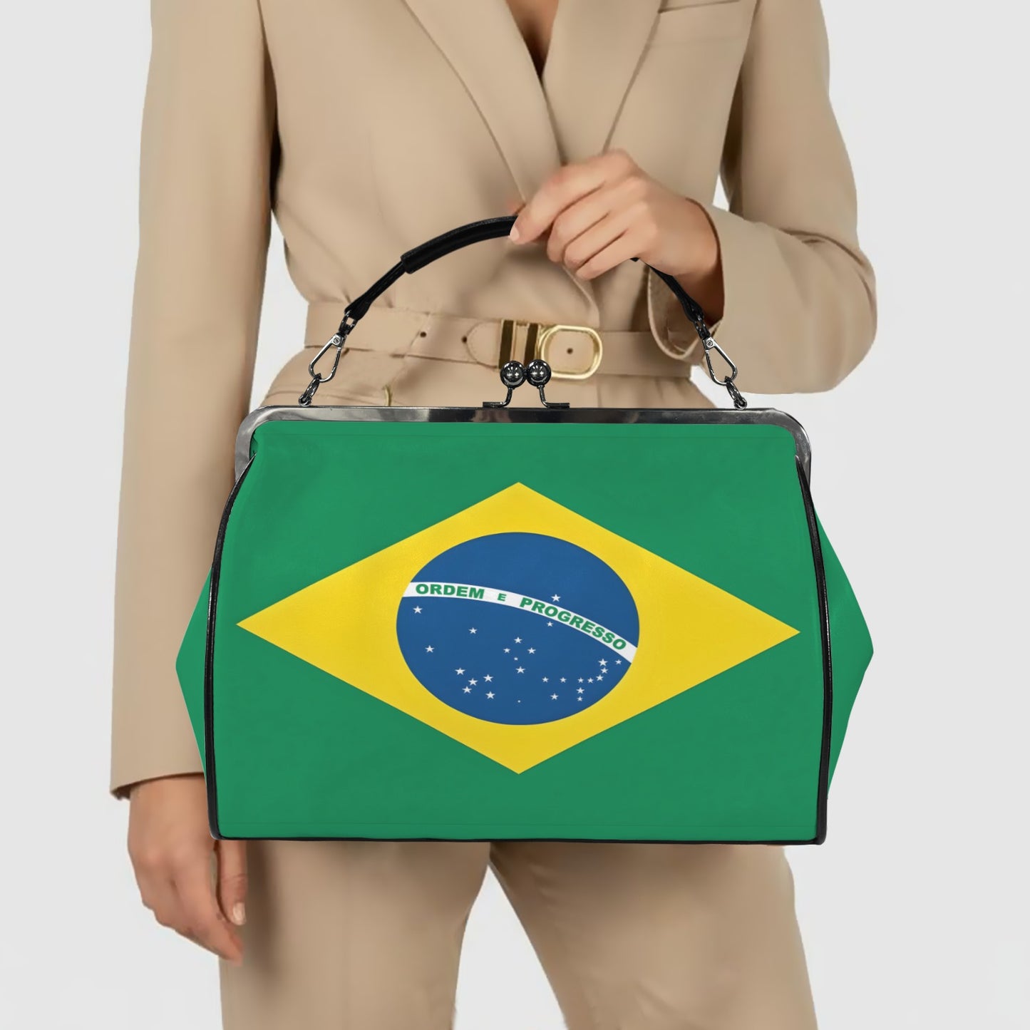 Brazil Flag Inspired Kisslock Crossbody Shoulder Bag-Large