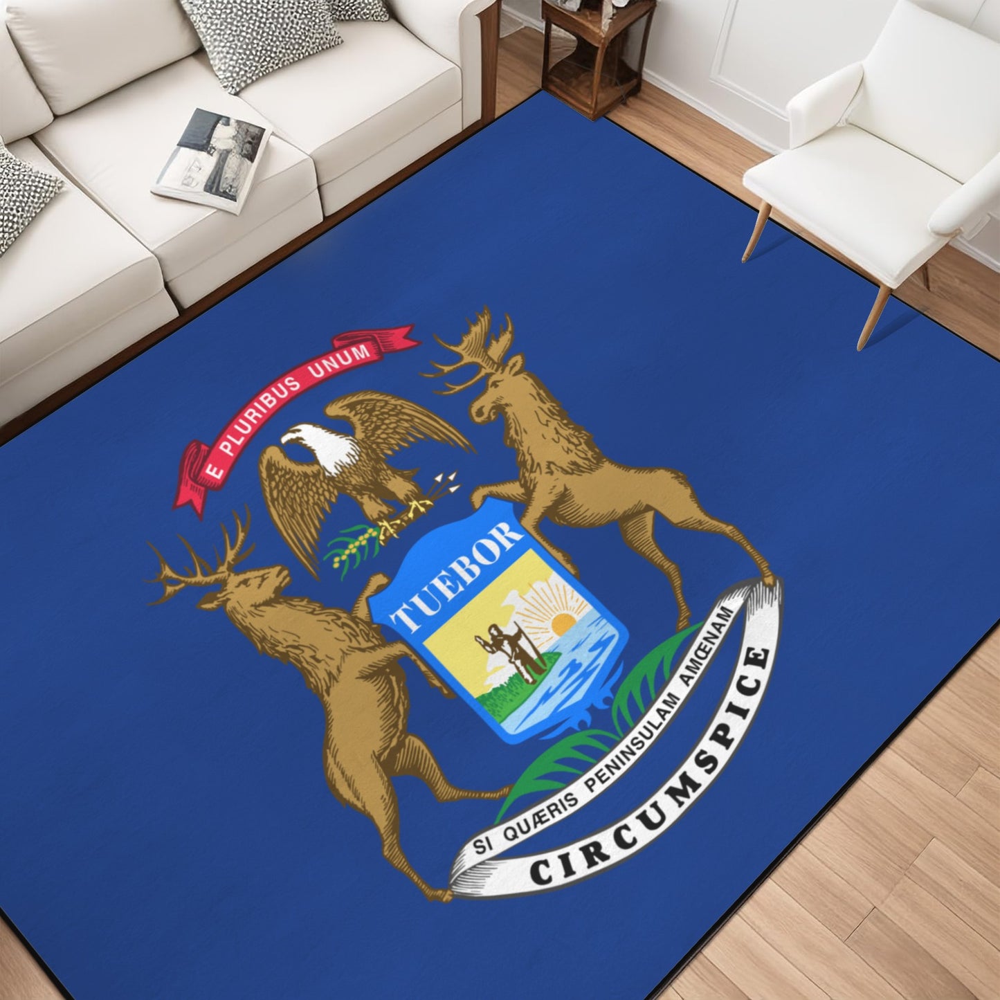 Michigan Flag Inspired 84x60 Inch Area Rug with Black Binding (Made in the USA)
