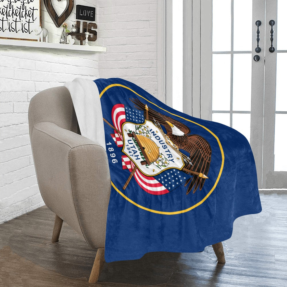 Cozy Utah flag-themed blanket on chair, Luv My Flag.