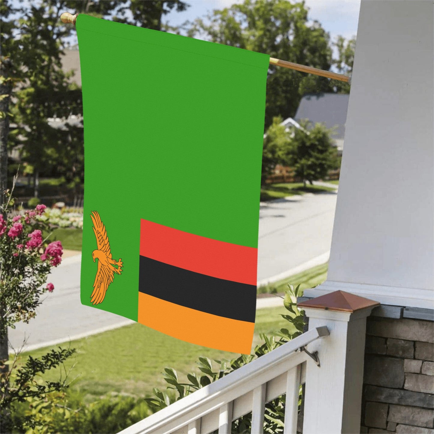 House displaying Luv My Flag's vibrant Zambian flag outside.