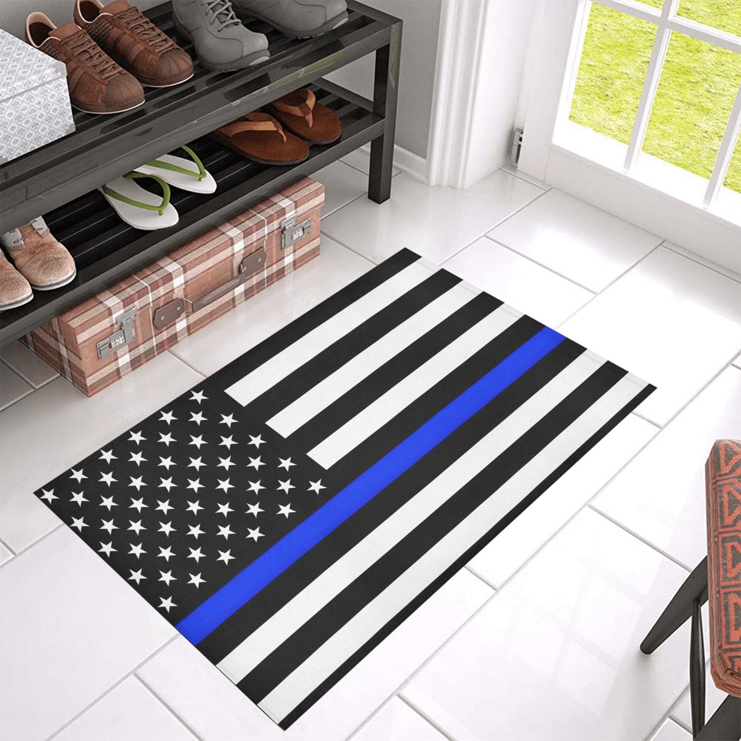 Thin Blue Line Flag Inspired Doormat 30" x 18" (Sponge Material)