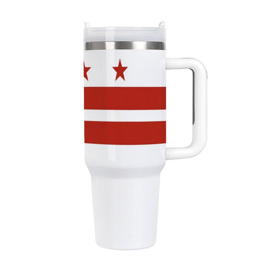 Washington DC Flag travel mug with handle.