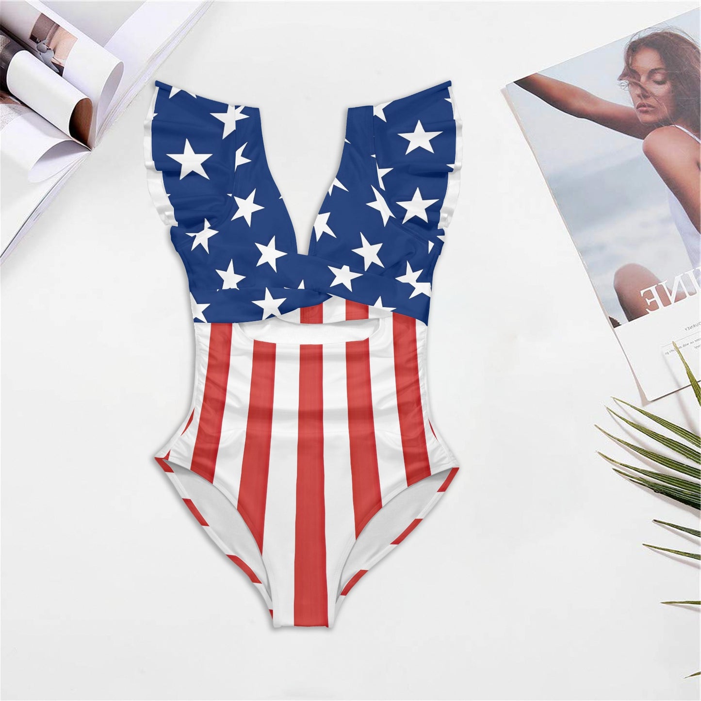 USA/American Flag Inspired Women's Twist Front Ruffle Sleeve Swimsuit