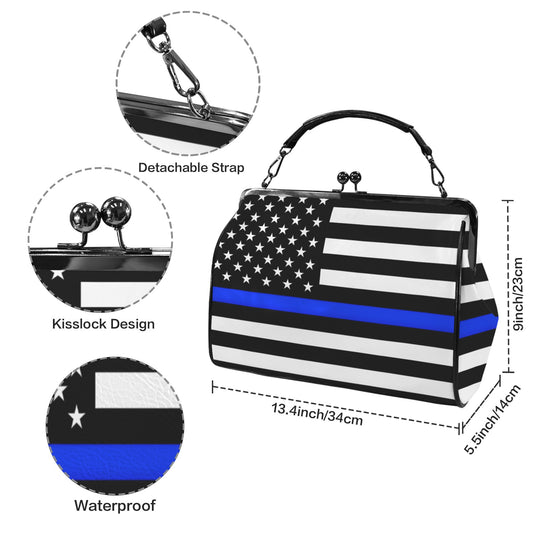 Thin Blue Line Flag Inspired Kisslock Crossbody Shoulder Bag-Large