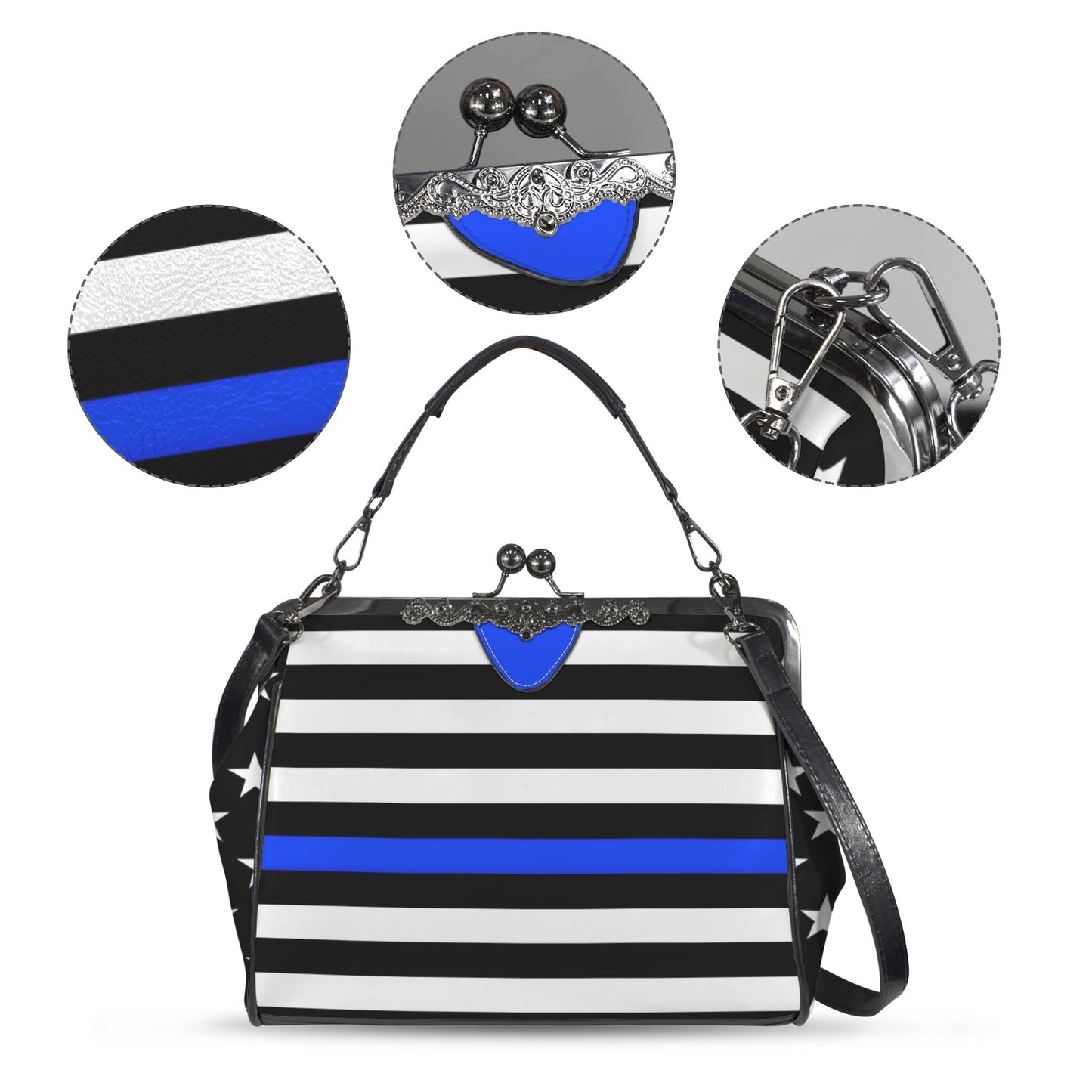 Thin Blue Line Flag Inspired Kisslock Crossbody Shoulder Bag