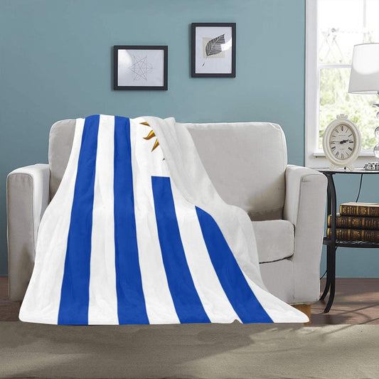 Cozy Luv My Flag blanket with blue and white stripes.