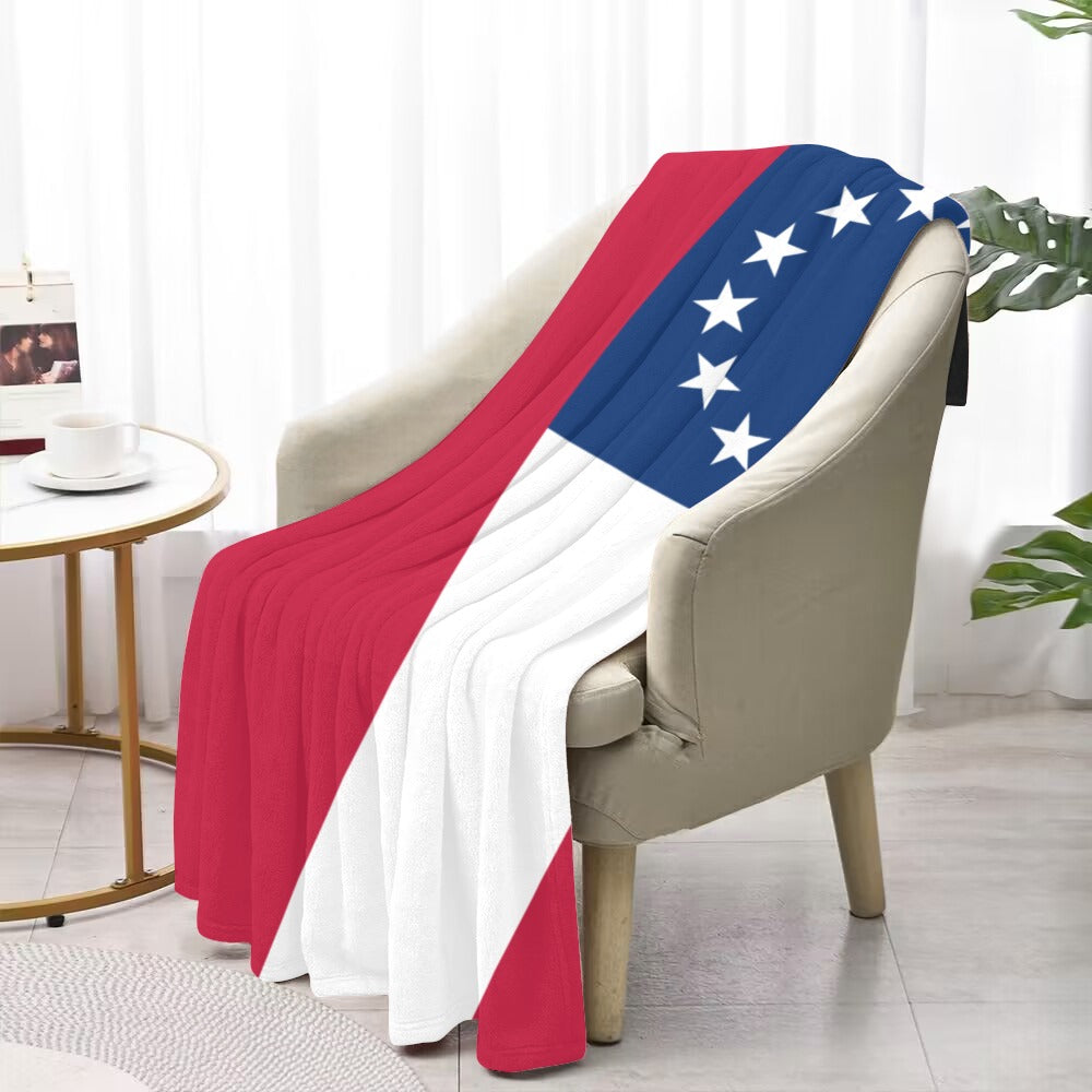 Red, white, blue blanket with stars on armchair. Luv My Flag.