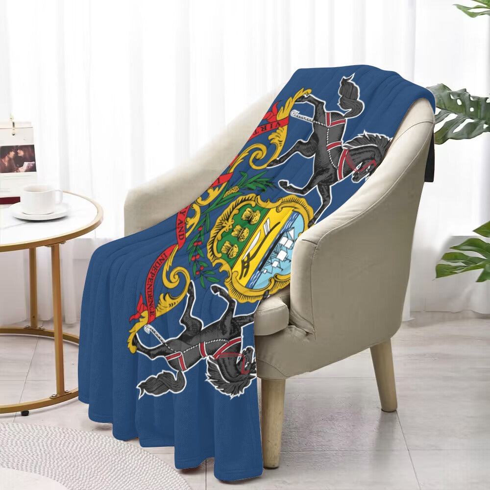 Cozy chair draped with Luv My Flag Pennsylvania blanket.