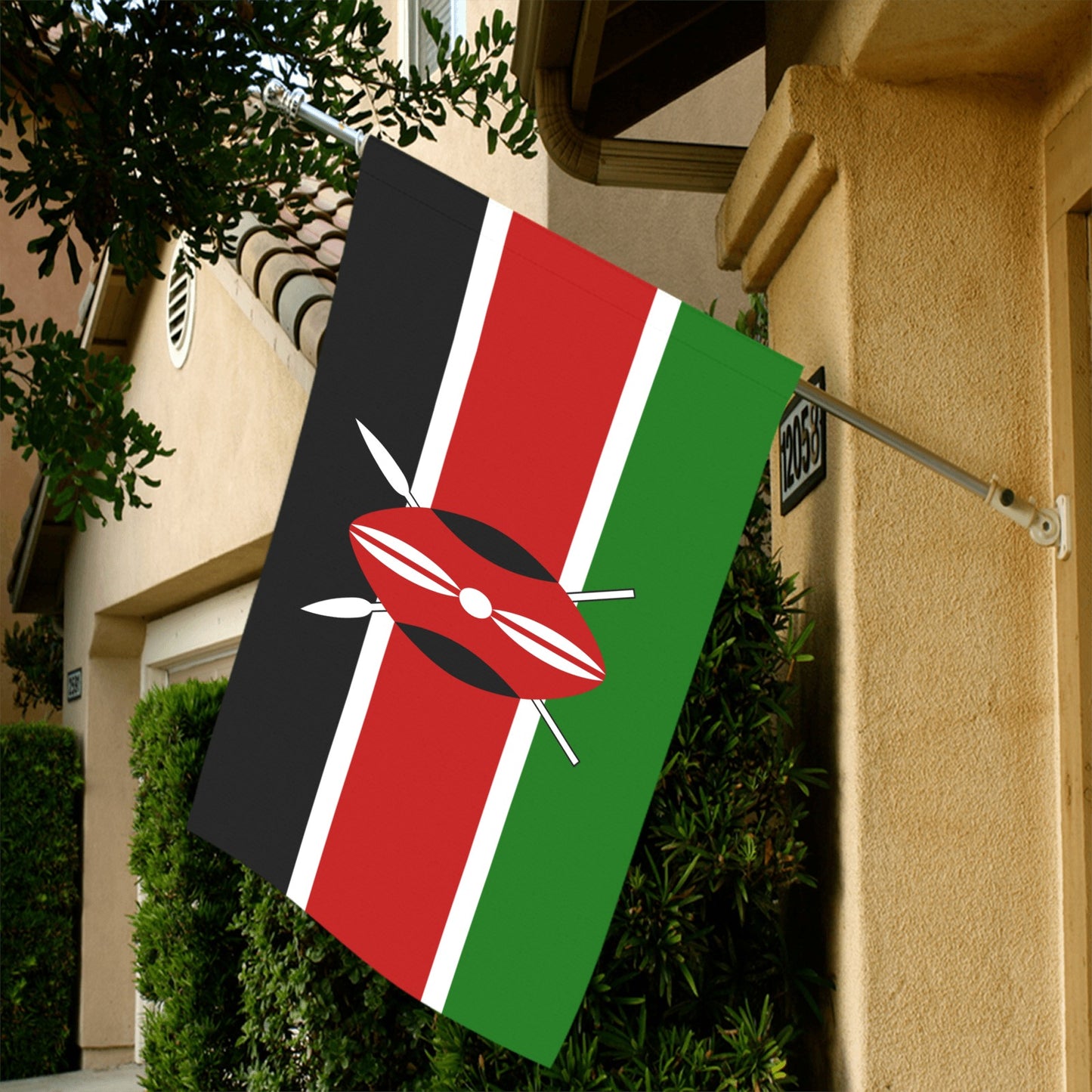 Kenya flag displayed on house exterior, by Luv My Flag.