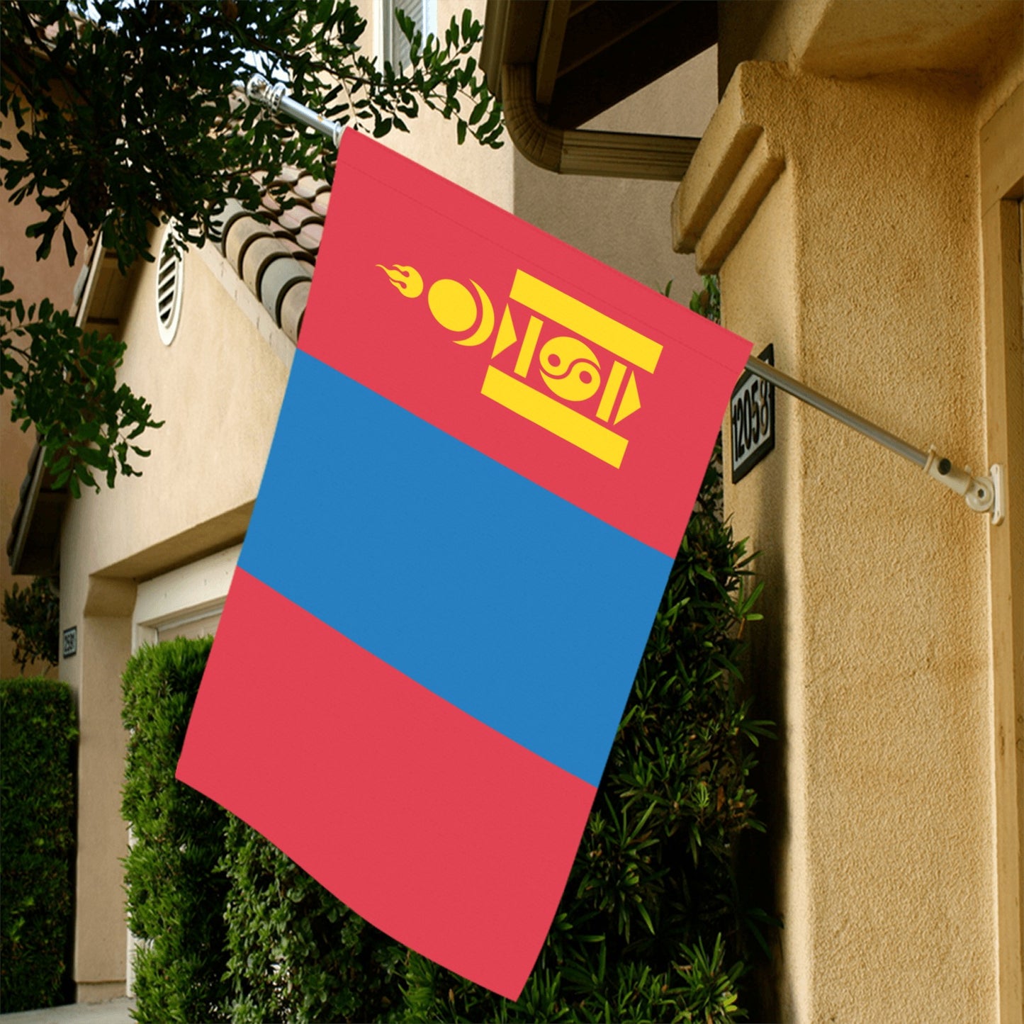 "Luv My Flag brand's Mongolia flag on house exterior."