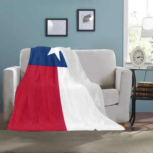 Blanket resembling Texas flag draped over couch, Luv My Flag.