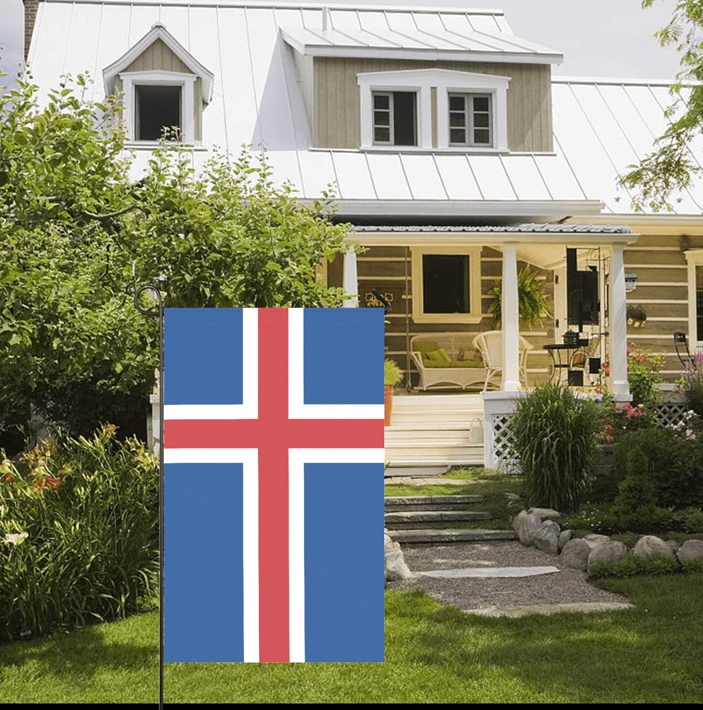 Front yard with Icelandic flag by Luv My Flag.