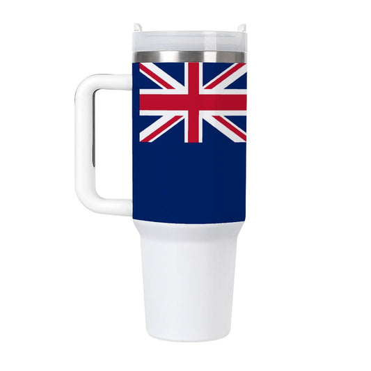 Union Jack flag travel mug, white handle.