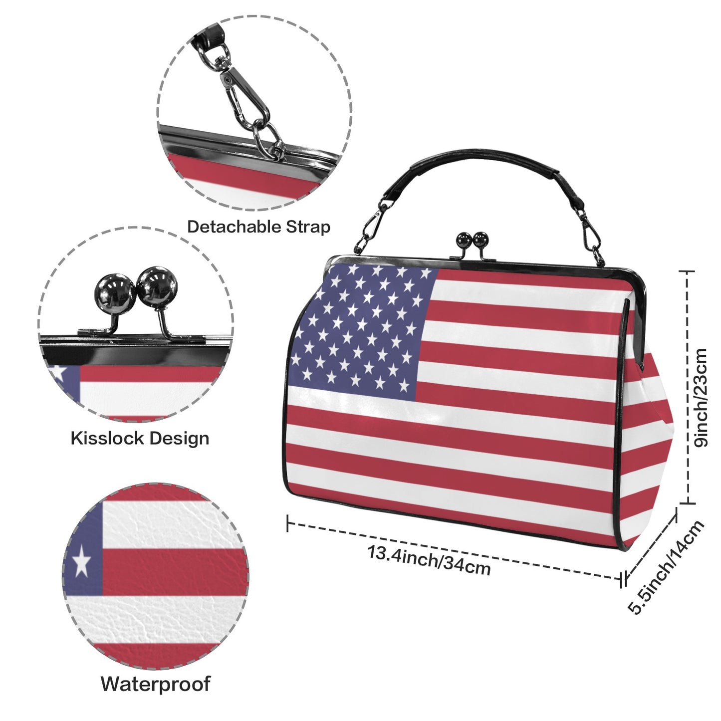 USA/American Flag Inspired Kisslock Crossbody Shoulder Bag-Large