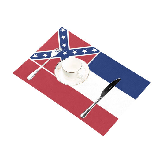 Placemat with Mississippi flag, fork, knife, cup. Luv My Flag.