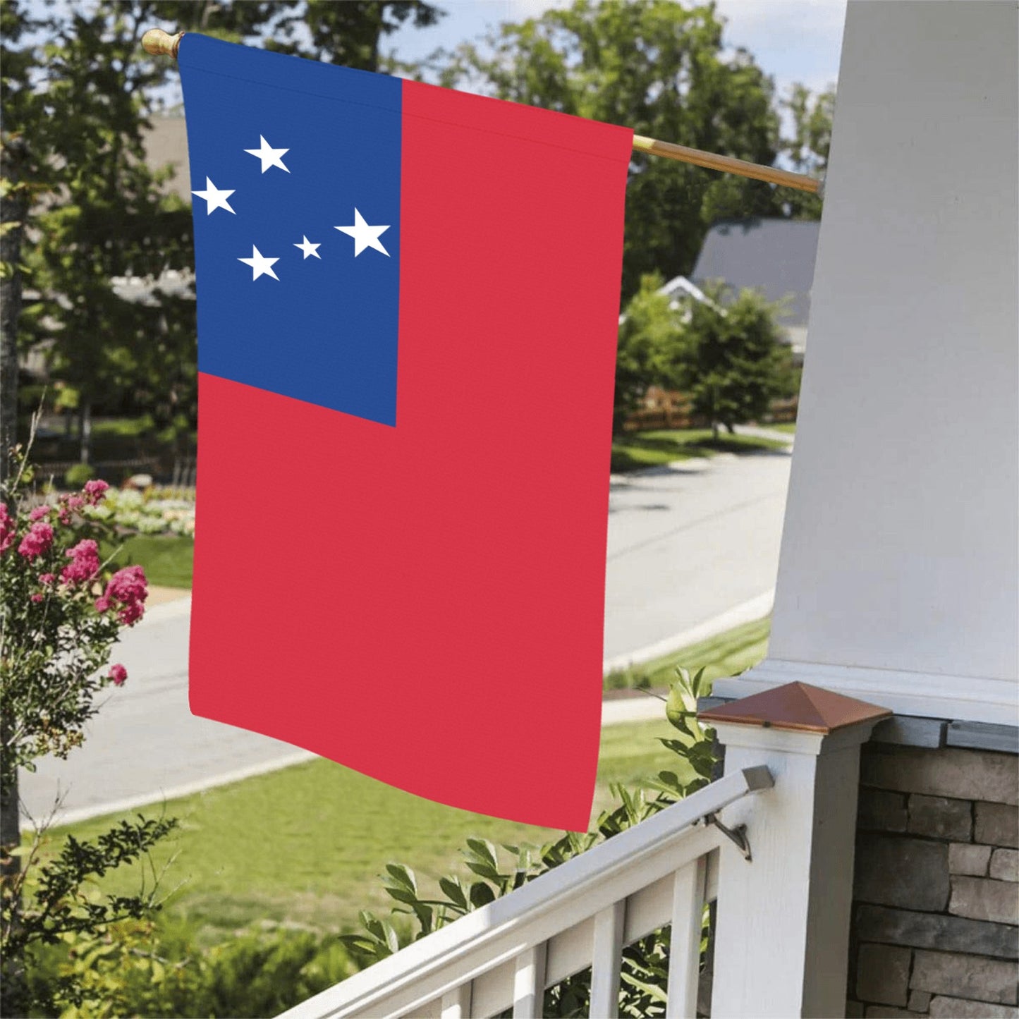 Red and blue flag on porch, Luv My Flag.