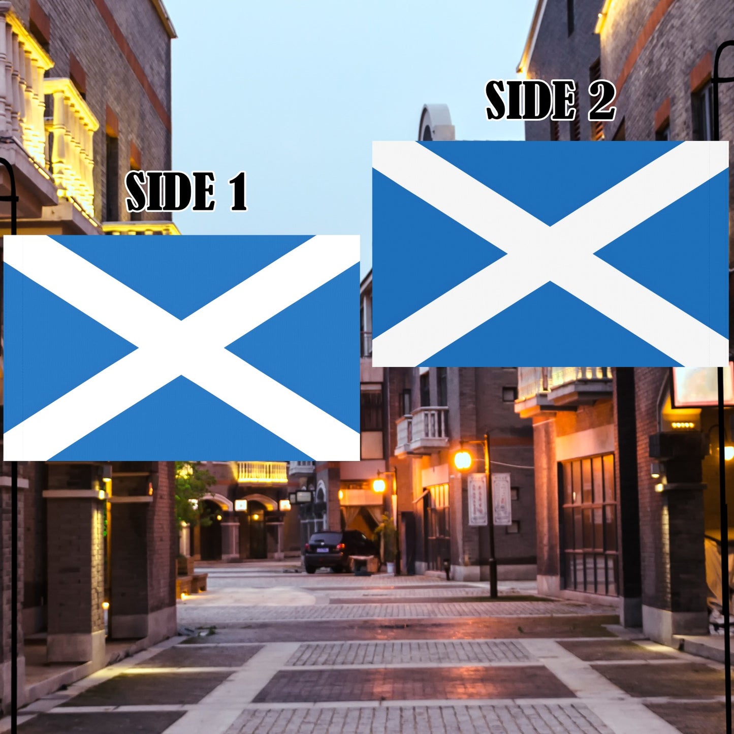 Luv My Flag, two-sided Scottish flags in urban setting.