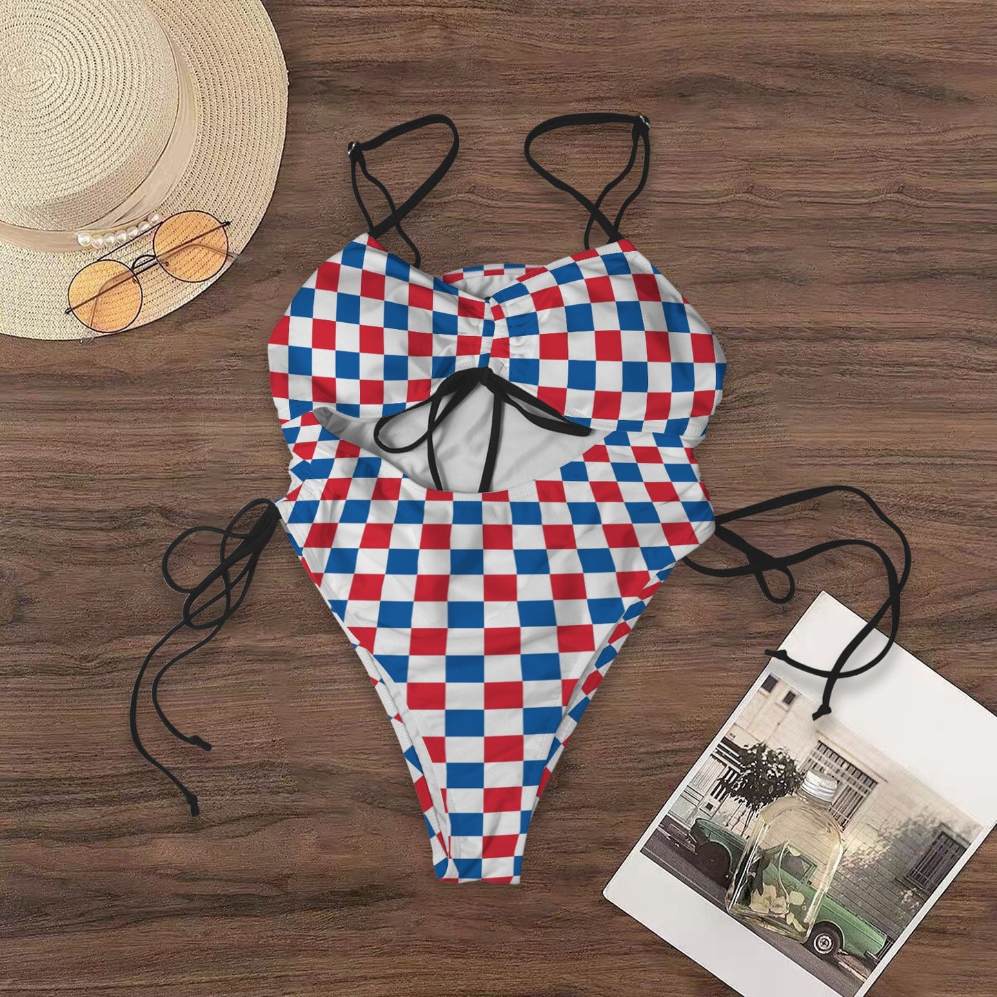 USA/American Flag Inspired Checkered Pattern Women's Drawstring Cutout One Piece Swimsuit