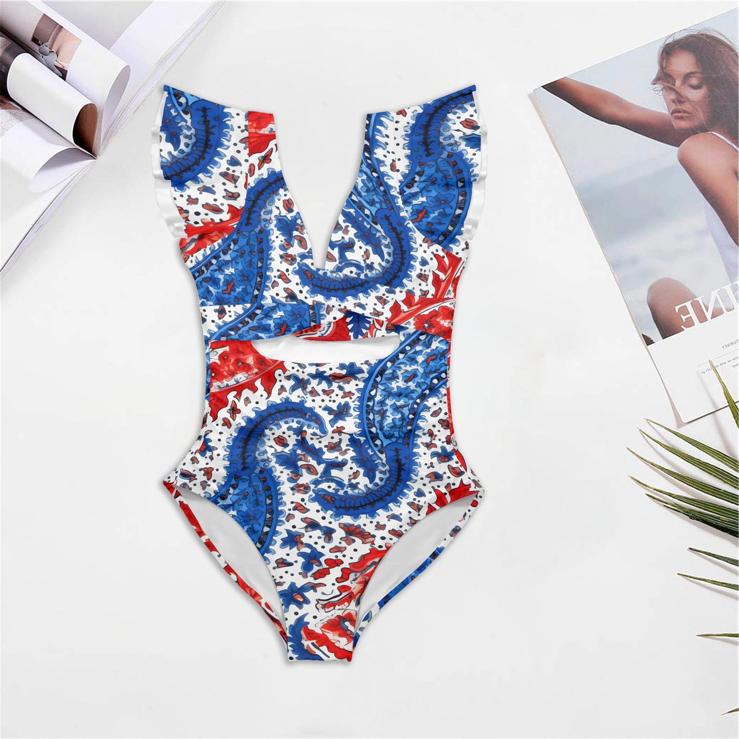 USA/American Flag Inspired Paisley Swirl Pattern Women's Twist Front Ruffle Sleeve Swimsuit