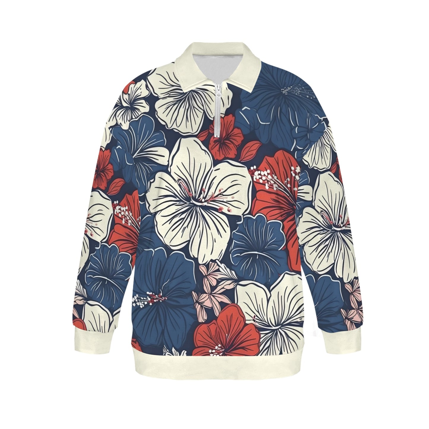 USA/American Flag Hawaiian Floral Pattern Women's Quarter Zip Pullover Sweatshirt