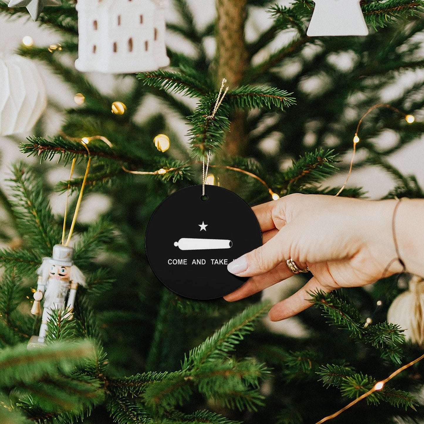 Come and Take It Flag Inspired Circle Ceramic Ornament Made in USA Circle Ceramic Ornament (Made in USA)