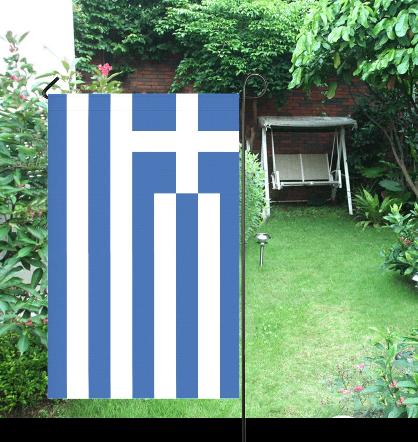 Luv My Flag, Greek flag in vibrant garden setting.