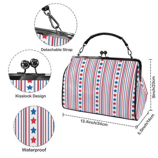 USA/American Flag Inspired Stars & Stripes Pattern Kisslock Crossbody Shoulder Bag-Large