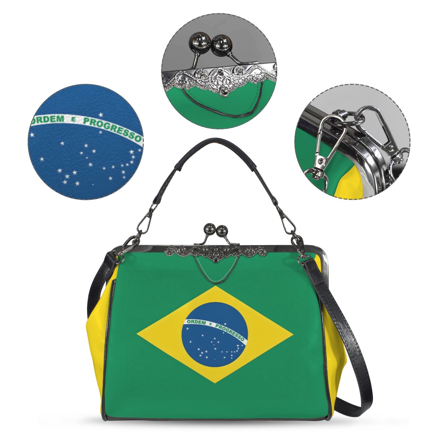 Brazil Flag Inspired Kisslock Crossbody Shoulder Bag