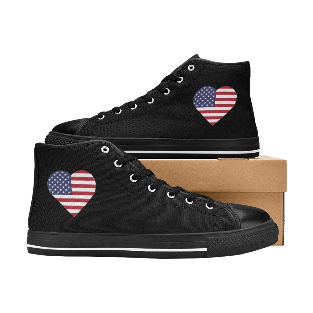 USA/American Flag Inspired Heart Mens High Top Canvas Shoes